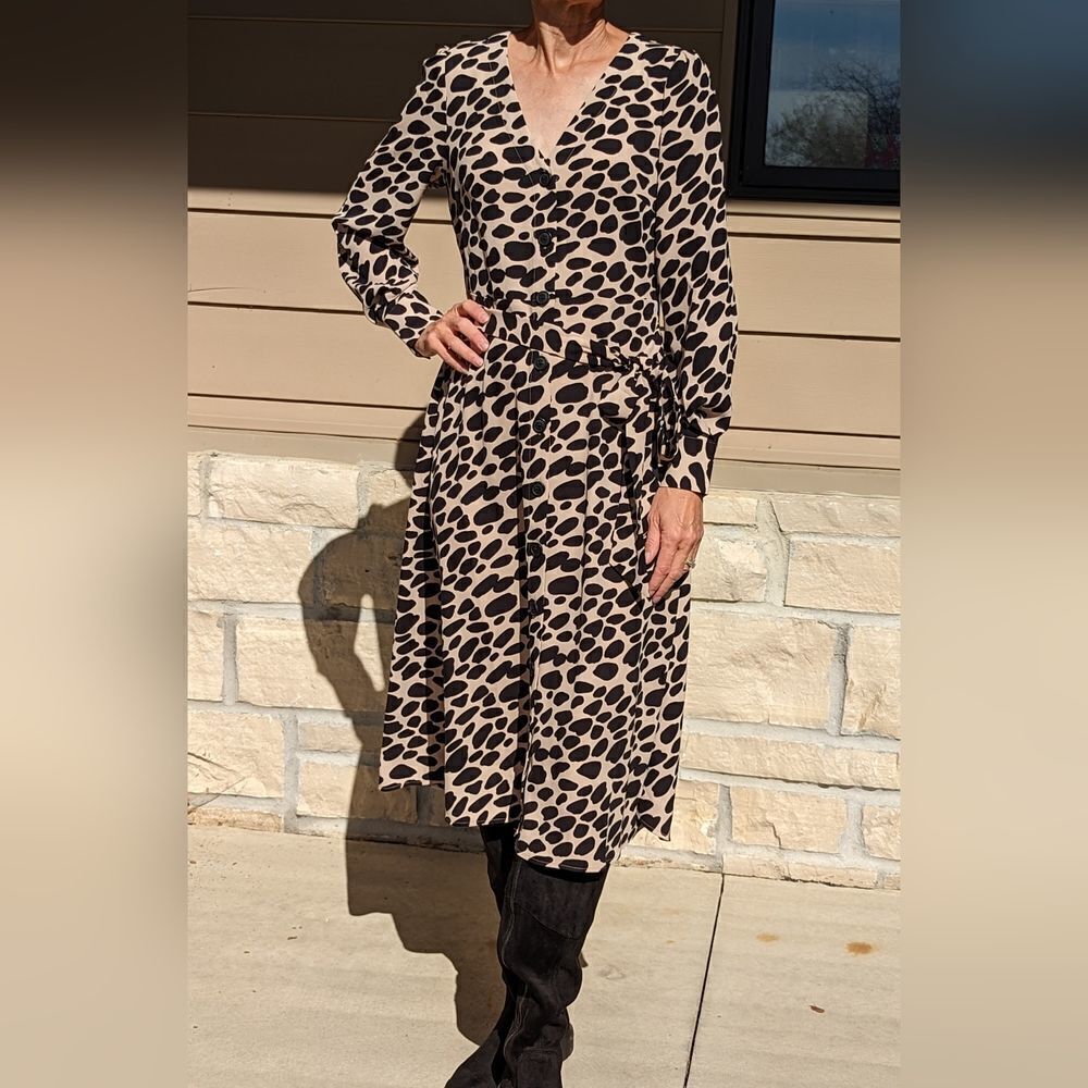 LOFT Beige and Black Midi Wrap Dress